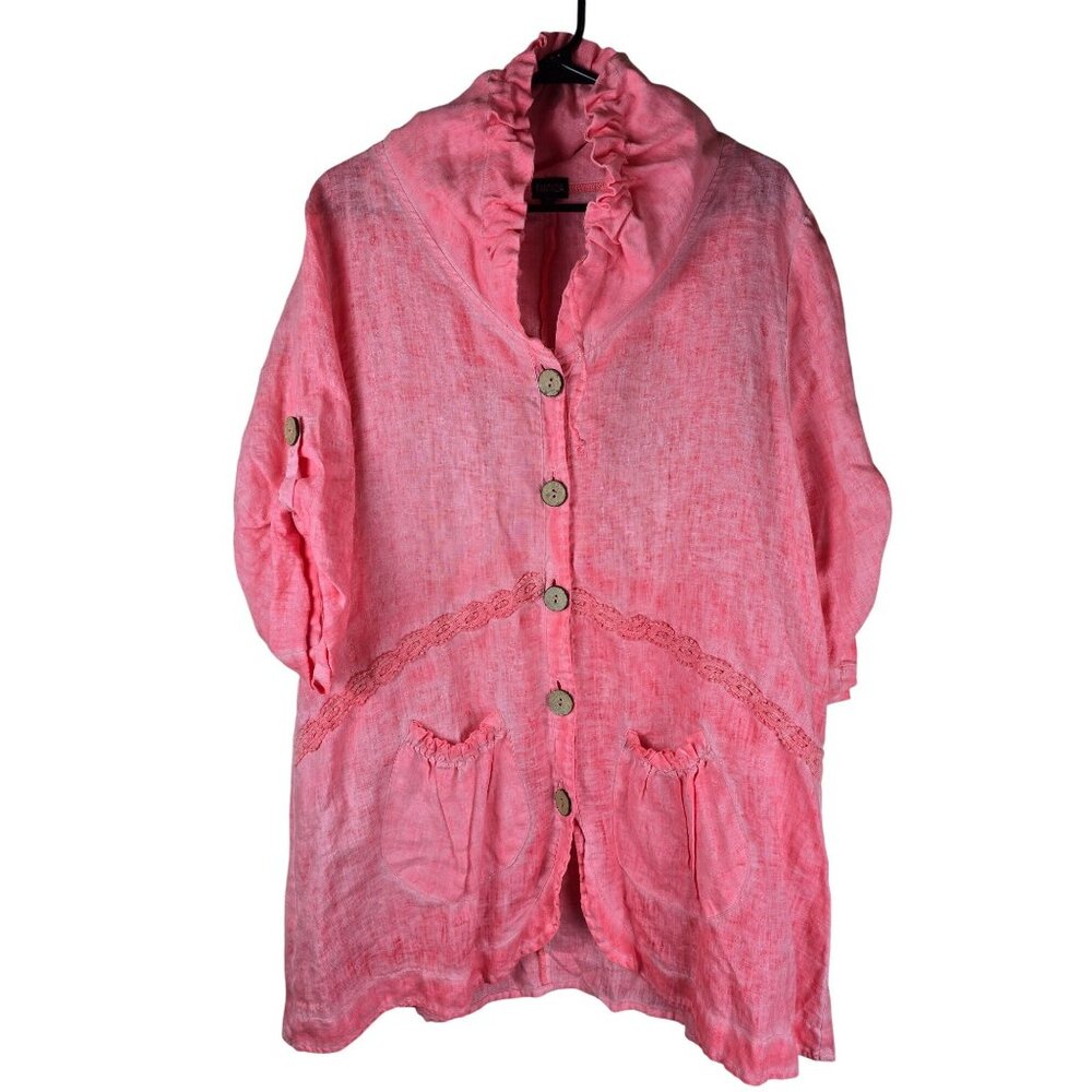Fantazia Pink Oversized Lagenlook Ruffled Button-Front Linen Jacket With Pockets